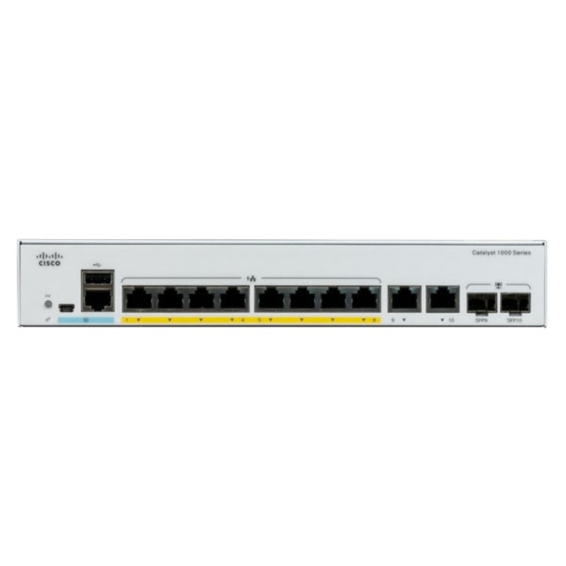 Cisco Catalyst 1000-8P-2G-L Network Switch, 8 Gigabit Ethernet (GbE) PoE+ Ports, 670W PoE Budget, two 1 G SFP/RJ-45 Combo Ports, Fanless Operation, Enhanced Limited Lifetime Warranty (C1000-8P-2G-L)
