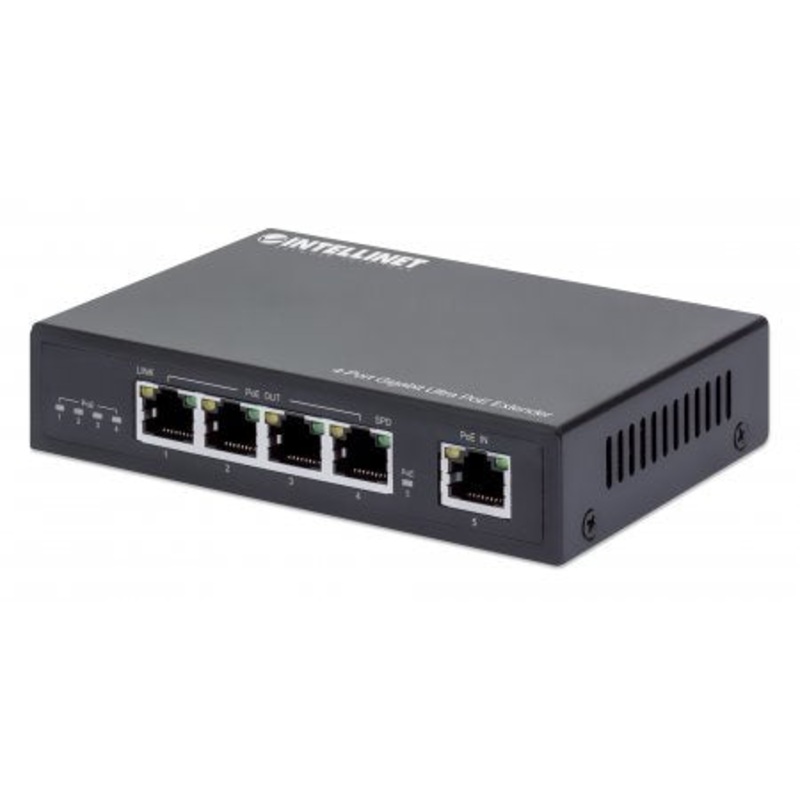 Intellinet 4-Port Gigabit Ultra PoE Extender, Adds up to 100 m (328 ft.) to PoE Range, 90 W PoE Power Budget, Four PSE Ports with up to 30 W Output, IEEE 802.3bt/at/af Compliant, Metal Housing