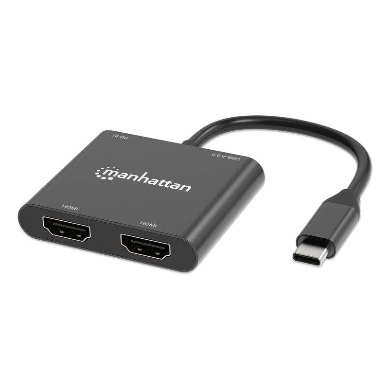 Manhattan Multiport Adapter with USB Type-C Male to Two HDMI (up to 4K@60Hz), USB-A (480 Mbps), and USB Power Delivery Charging (100 W) Ports, Aluminum, Black